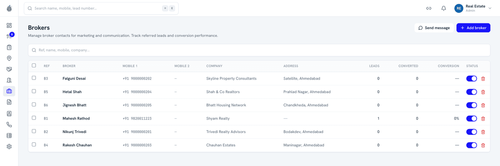 Broker management table listing channel partners with reference code, mobile, company, address, referred leads, conversions and active status toggles.